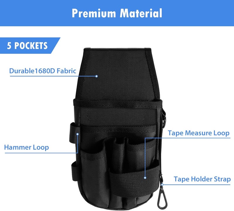 KENOBE 5-Pockets Tool Pouch, Black Tool Pouch Organization, Heavy-Duty Electrician Tool Pouches for Electrician, Carpenter, Construction, Technician, Side Belt Pouch, Small Electrician Holster - Image 3